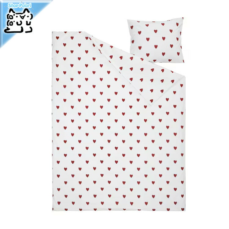 【 IKEA - イケア -】BARNDROM -バーンドローム- 掛け布団カバー＆枕カバー ハート模様/ホワイト レッド 150x200/50x60 cm (605.958.75)
