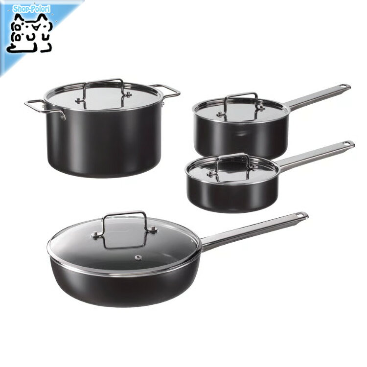 【 IKEA - イケア -】GULDORING -グルドーリング- 調理器具8点セット こびりつき防止加工 ステンレススチール/ブラックグレー 耐摩耗性に優れたセラミックコーティングが、食材が焦げついたり、こびりついたりしにくくします！ ■商品詳細■ ブランド IKEA 素材 基本素材/ 基本素材/ 基本素材: アルミニウム, セラミックコーティング, セラミックコーティング ハンドル/ リベット/ ディスク/ ふた/ 蓋取っ手/ ハンドル/ リベット/ ディスク/ 枠/ 蓋取っ手/ バルブ/ ハンドル/ リベット/ ディスク/ ふた/ 蓋取っ手: ステンレススチール ふた: 強化ガラス ワッシャー: シリコーンゴム, ステンレススチール 商品の大きさ 鍋 ふた付き（5L）、片手鍋 ふた付き（2L）、片手鍋 ふた付き（1L）、ソテーパン ふた付き（直径24cm） 主な特徴 - IHコンロを含む、あらゆるタイプのコンロで使えます - すべて金属製なので、オーブンでも使用できます - 調理中でも鍋の中のようすが見えるガラス製のふた - 鍋ひとつで完成するおいしいワンポット料理や、ライス、ソース、野菜などのお気に入り料理を簡単にすばやくつくりましょう - この軽量でこびりつき防止加工の調理器具セットがあれば、どの料理をつくるにも、すばやく加熱でき、お手入れが簡単です - 耐摩耗性に優れたセラミックコーティングが、食材が焦げついたり、こびりついたりしにくくします - アルミニウム製。熱が均一にすばやく行き渡り、温度調節がしやすいため、食材の焦げ付きやこびりつきを抑えられます - 蒸気を逃す通気孔が付いているので圧力が下がり、煮こぼれしにくくなっています お手入れ方法 手洗いのみ ガスコンロ対応 IHコンロ対応 ラジエントヒーター対応 電気コンロ対応 オーブン使用可 ■お届け状態■ 簡易梱包で発送いたします ※梱包に使用済みのダンボール紙などを再利用する場合、また化粧箱に送付状を直接貼付する場合ございますので予めご了承ください ※ご注意※ ※IKEA商品に関しまして※ IKEA商品に関しましては、納品書などは添付しておりません。 納品書、領収書が必要な場合、お問い合わせいただきましたら別途郵送にてお送りいたします。 ※製品の開梱・組み立てについて 組み立てが必要な商品の組み立て不備、組み立て不備による使用に際しての事故、及び商品の破損については保証外となります。 ※ご注文時のタイミングで在庫切れ、廃盤となっている場合がございます。その場合発送までにお時間を頂く場合、またご注文を一度キャンセルさせて頂く事がございます【 IKEA - イケア -】GULDORING -グルドーリング- 調理器具8点セット こびりつき防止加工 ステンレススチール/ブラックグレー
