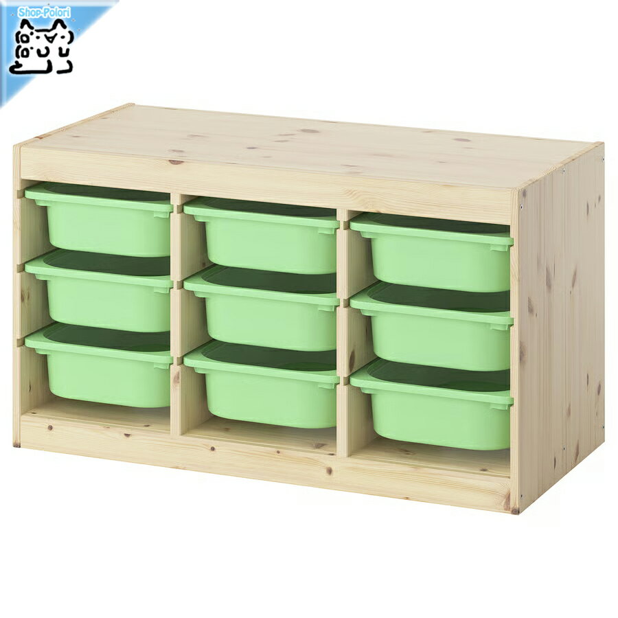 【 IKEA - イケア -】TROFAST - トロファスト - 収納コンビネーション BOX付き 組み合わせ収納 オープン収納 棚 / パイン材 / ライトグリーン 93x44x53 cm (495.845.43) 子ども部屋やその他のスペースをすっきり整理できます。 子どもたちには、自分の持ち物をしまうための大容量の優れた収納が必要です。 TROFAST/トロファスト シリーズには、木製フレーム、メッシュ収納ボックス、プラスチック製ボックスと収納トレイ（リサイクル材料含有率50%以上）があります。 簡単に引き出せて、持ち運べて、また元の場所に戻せます BOXはスライドで外せれるので、ひとつのBOXだけ運ぶ〜など使い方は無限！ ■商品詳細■ ブランド IKEA 素材 フレーム パイン無垢材, 着色アクリルクリアラッカー, 着色アクリルクリアラッカー 収納ボックス ポリプロピレン. 商品の大きさ 奥行き: 44 cm/ 高さ: 53 cm/ 幅: 93 cm この商品は組み立てが必要です 家具の高さが60cmを超える場合は、お子さまがよじ登ったりぶら下がったりしても転倒しないよう、付属の安全金具で壁にしっかりと固定してください 壁の材質により使用できるネジの種類が異なるため、専用の取り付けネジは含まれていません。壁の材質に適したネジをご使用ください。 主な特徴 遊び心いっぱいの頑丈な収納シリーズ。おもちゃの収納と整理だけでなく、座ったり、遊んだり、くつろいだりできます フレームには溝がたくさんあるので、ボックスや棚板を好きな高さに設置できます。もちろん、いつでも変更できます 子どもの身長に合わせた低めの収納ソリューション。小さなお子さまでもおかたづけが簡単にできます 中身を汚れやホコリから守りたいときは、別売りのTROFAST/トロファスト ふたを組み合わせられます 屋内使用推奨 食品に接触する製品として承認されていません お手入れ方法 きれいな布でから拭きしてください ■スタッフから一言■ 子供部屋やリビングのおもちゃ収納に最適な収納コンビネーション 箱がスライドで取り外せれるので、一つの箱だけ運んだり、収納力、用途に合わせた収納ユニットになります。 TROFASTシリーズの棚板なども組み合わせ可能なので、お子様の成長にあわせて変化させていくのも良いですね♪ ■お届け状態■ 簡易梱包で発送いたします ※梱包に使用済みのダンボール紙などを再利用する場合、また化粧箱に送付状を直接貼付する場合ございますので予めご了承ください ※ご注意※ ※IKEA商品に関しまして※ IKEA商品に関しましては、納品書などは添付しておりません。 納品書、領収書が必要な場合、お問い合わせいただきましたら別途郵送にてお送りいたします。 ※製品の開梱・組み立てについて 組み立てが必要な商品の組み立て不備、組み立て不備による使用に際しての事故、及び商品の破損については保証外となります。 ※ご注文時のタイミングで在庫切れ、廃盤となっている場合がございます。その場合発送までにお時間を頂く場合、またご注文を一度キャンセルさせて頂く事がございます【 IKEA - イケア -】TROFAST - トロファスト - 収納コンビネーション BOX付き 組み合わせ収納 オープン収納 棚 パイン / ライトグリーン 93x44x53 cm (495.845.43)