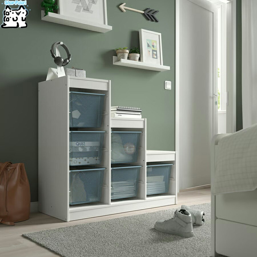 樂天商城 - 【 IKEA - イケア -】TROFAST - トロファスト - 収納コンビネーション 多段フレーム (階段型) BOX付き 組み合わせ収納 オープン収納 棚 / ホワイト / スチールBOX メタルブルー 94x44x91 cm (594.779.67)