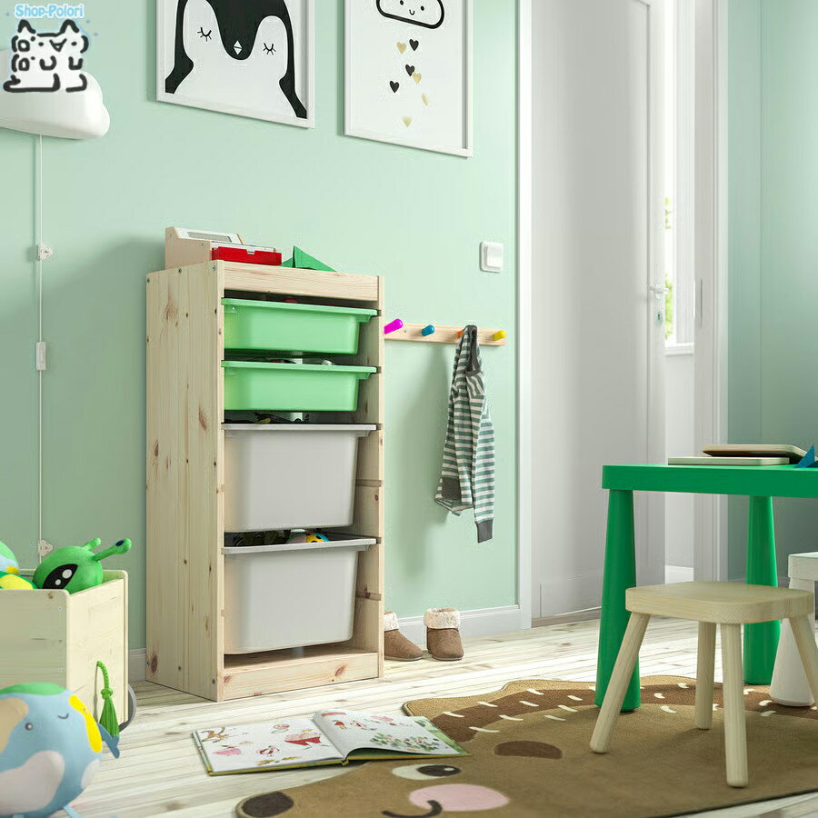 For Nursery - 【 IKEA - イケア -】TROFAST - トロファスト - 収納コンビネーション BOX付き 組み合わせ収納 オープン収納 棚 / ステインパイン / マルチカラーBOX 44x30x91 cm (695.848.77)