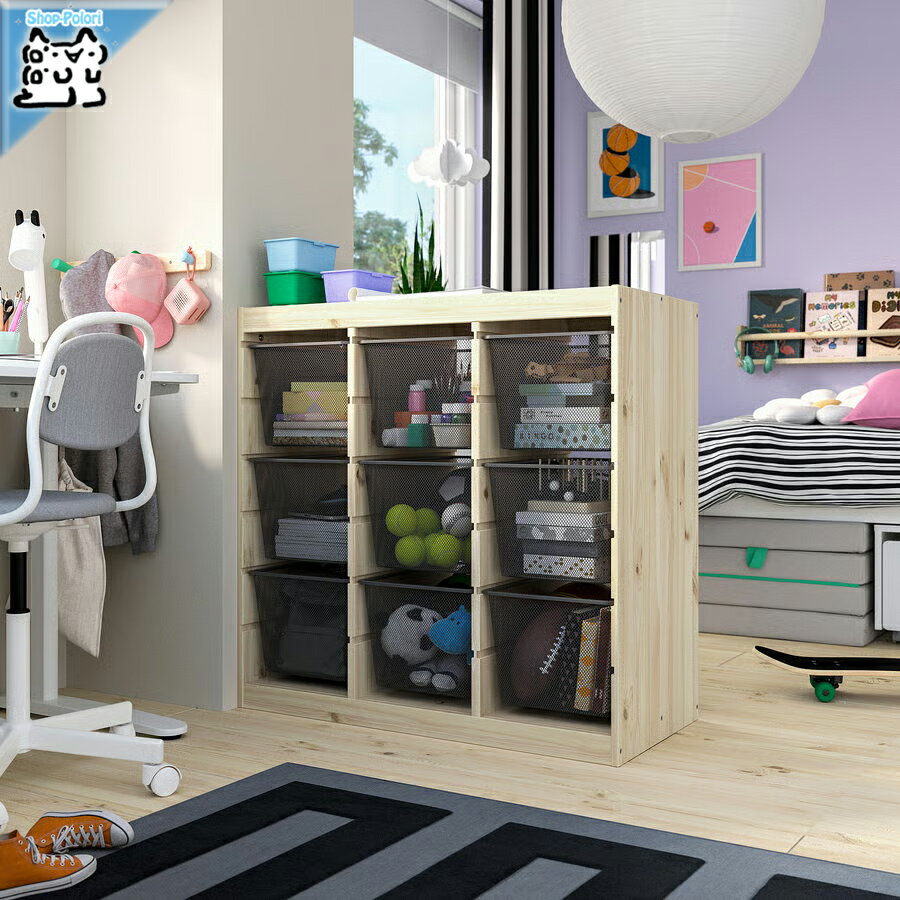 樂天商城 - 【 IKEA - イケア -】TROFAST - トロファスト - 収納コンビネーション BOX付き 組み合わせ収納 オープン収納 棚 / ステインパイン / メタルグレーBOX 93x44x91 cm (996.127.08)