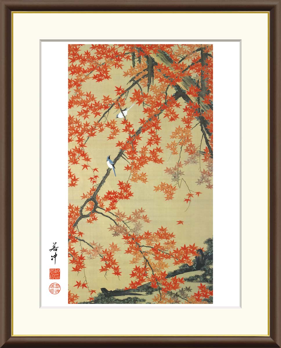 【インテリアアート・複製画】紅葉小禽図 伊藤若冲 61×49.5cm F8サイズ 樹脂製フレーム