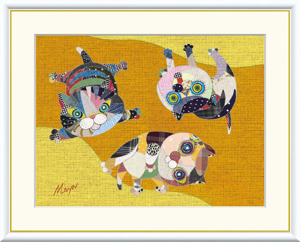 【インテリアアート・複製画】三匹の猫 池田麻耶 61×49.5cm F8サイズ 樹脂製フレーム