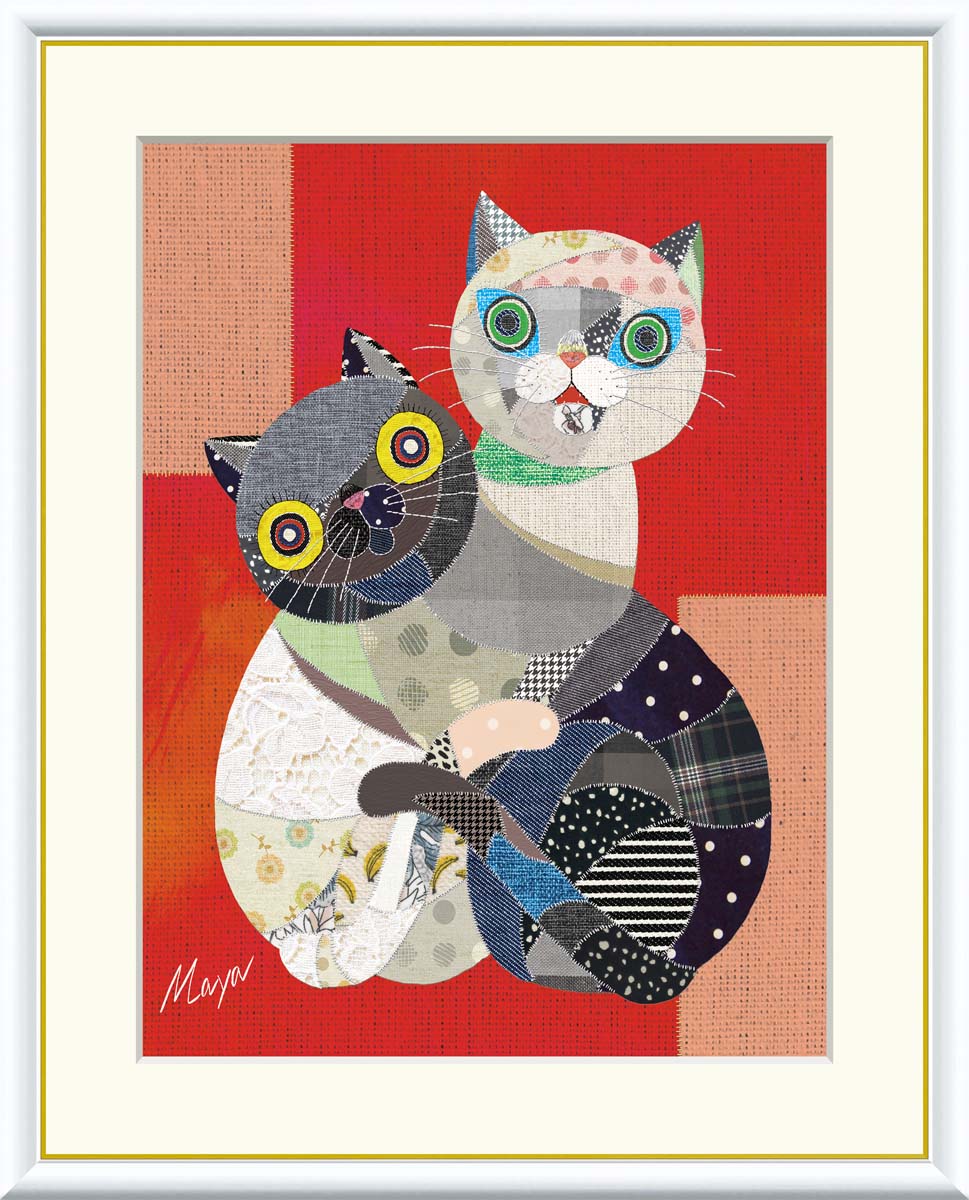 【インテリアアート・複製画】黒猫と白猫 池田麻耶 61×49.5cm F8サイズ 樹脂製フレーム