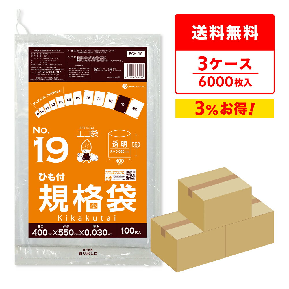 エントリーでP10倍★24日20:00〜29日1:59まで 【まとめて3ケース】FCH-19-3 ひも付 規格袋 19号 0.030mm厚 透明 100枚x20冊x3箱/ポリ袋 袋 保存袋 食品袋 平袋 食品用 検食 厨房 保育園 食品検査適合 RoHS指定 サンキョウプラテック まとめ買い 送料無料 即納