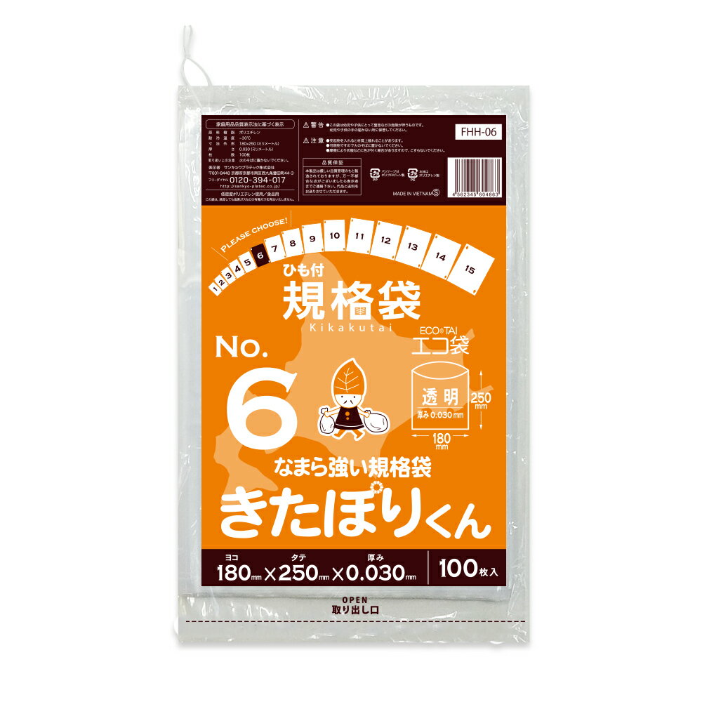 エントリーでP10倍★20日20:00〜27日1:59まで 【バラ販売】FHH-06bara 北海道規格 ひも付 規格袋 6号 0.030mm厚 透明 100枚 きたぽりく/ポリ袋 袋 平袋 保存袋 北海道ひもつき規格袋 食品袋 食品用 検食 食品検査適合 RoHS指定 サンキョウプラテック