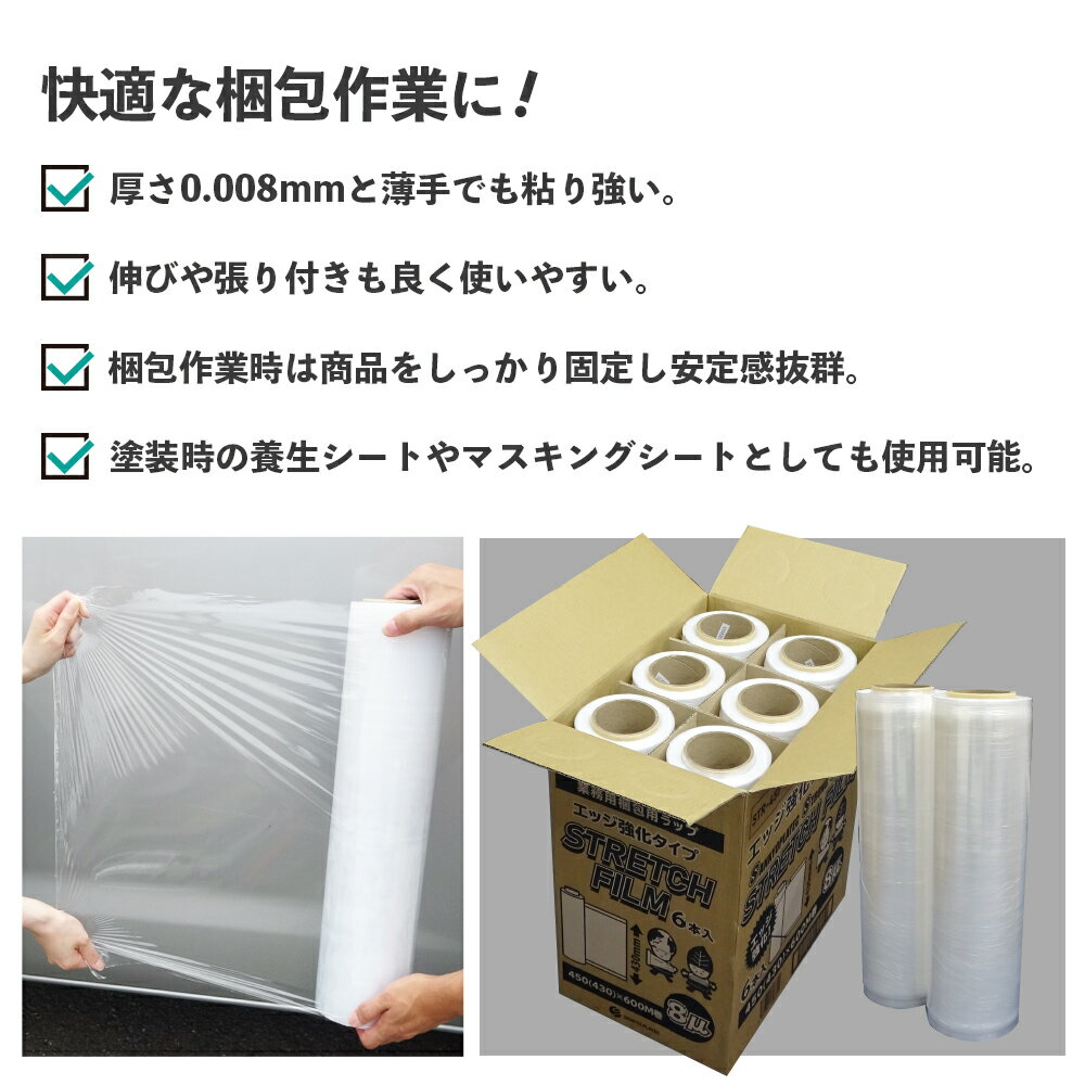 エントリーでP10倍★9日20:00〜16日1:59まで ストレッチフィルム エッジ強化タイプ 透明 450mm幅x600m 8μ 6本 STR-450-08E/梱包用フィルム 大型ラップ 手巻きタイプ クリア 梱包資材 運搬 固定 保護 サンキョウプラテック 送料無料 即納 3