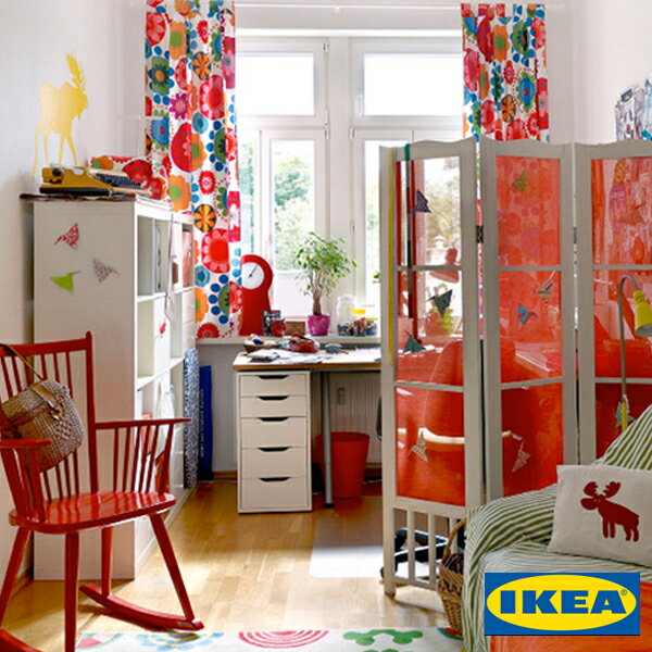 カーテン【IKEA】【100サイズ以上】フレードリカ frederika 綿100% 北欧 おしゃれカーテン 子供部屋 キッズ お花 カラフル ピッタリサイズ 赤 おしゃれ 日本製 洗える リビング 寝室の写真