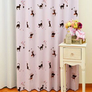 猫柄 遮光カーテン 「キャット」 オーダーカーテン 遮光 子供部屋カーテン 一人暮らしカーテン カフェ ピンク 黒猫 動物 キャラクター 子供 こども