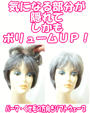 白髪人毛ウィッグ(混毛)シルバーミセス パーマ(ソフトパーマ)くせ毛の方向き 部分かつら センター分けタイプ(総手植え・地肌付き)白髪 黒30%白70% ボリュームアップ 日本製金具 カバーピース ヘアーピース【メール便可】ヘアピース