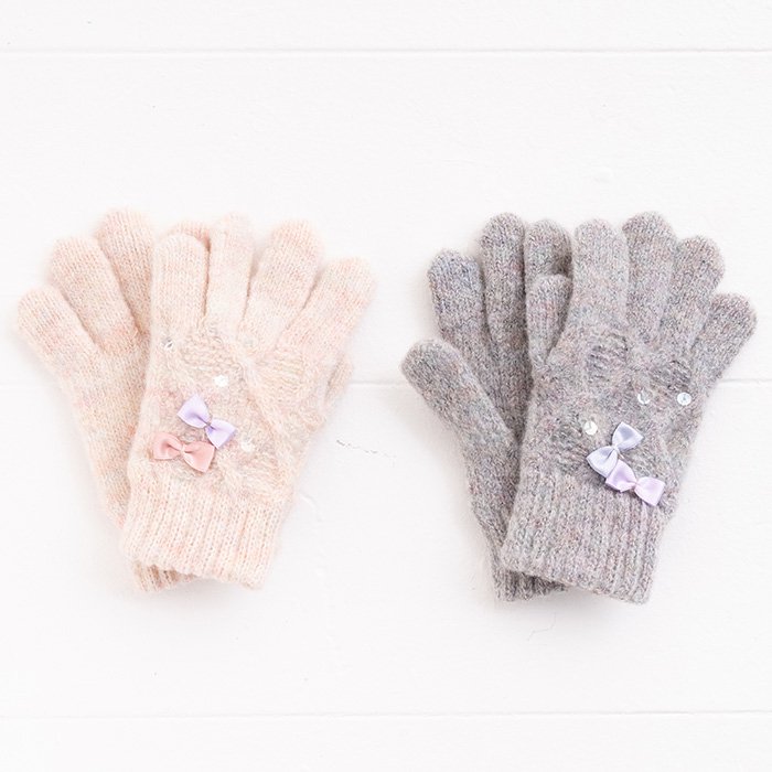 POMPKINS ポプキンズ サテンのリボンとオーロラのスパンコールがついたモヘア手袋 ピンク/グレー/ 2色展開 SとMの2サイズ 日本製 MADE IN JAPAN 子供用手袋 防寒小物