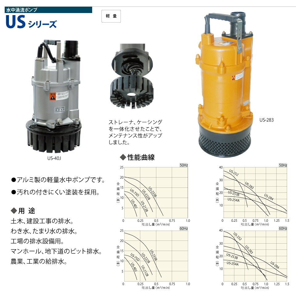 ぽんぷやさんのUS-212B 標準 US212B-2006-0000G 水中 過流 ポンプ 水中ポンプ 櫻川ポンプ sakuragawa 桜川ポンプ 土木 建設現場 湧き水 溜水 排水 工場排水設備 マンホール 地下道のピット排水 農業 工業の給排水｜アングル2