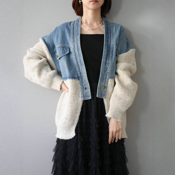 ニットカーディガン デニム切り替え レディース 春 秋 冬 秋冬 長袖 ニット カーディガン 異素材切り替え デニム ニット セーター ゆるカーディガン ニットカーデ ニット 厚手 羽織り 上着 ゆったり シンプル 無地 カジュアル 大人可愛い 女性 送料無料