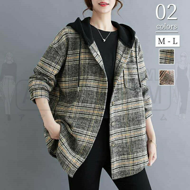 コート レディース きれいめ カジュアル 春 秋 冬 秋冬 ジャケット 韓国 可愛い 体型カバー アウター チェック柄 フード付き シャツ パーカー 長袖 シャツジャケット 切り替え 前開き 羽織り ボタン ポケット ゆったり 大きいサイズ 通勤 OL オフィス レトロ 快適 大人 50代(4)