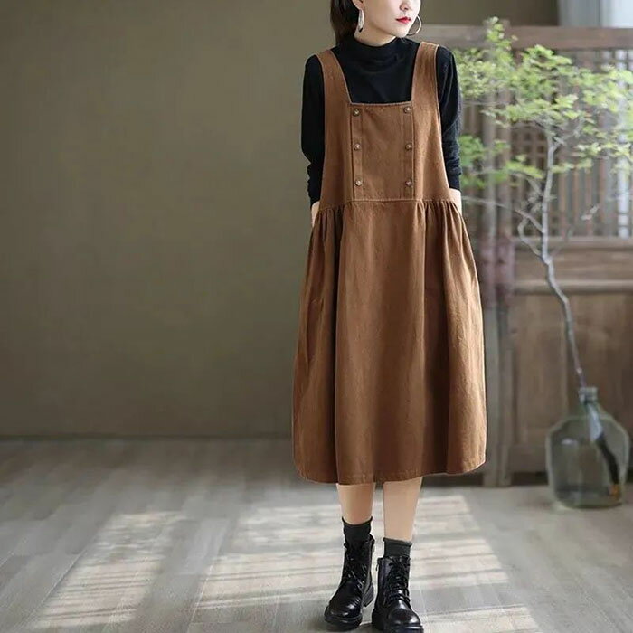 ジャンパースカート サロペット ワンピース ロングワンピース オールインワン 体型カバー ロング ゆったり 半袖 冬 大人 ミモレ丈 サロペットスカート タンクワンピース フレア 重ね着 可愛い 無地 森ガール ブラウン キャメル ブラック 春 秋