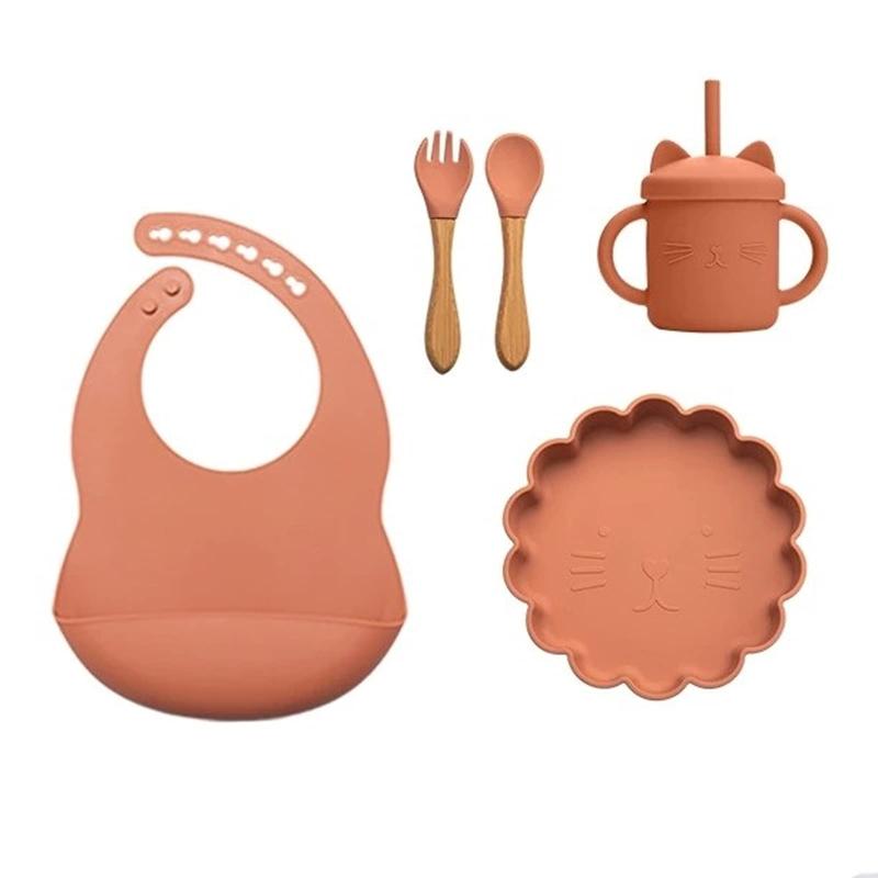 ベビー シリコンテーブルセット フォーク スプーン プレート カップ スタイ シリコン トレーニング 5点..