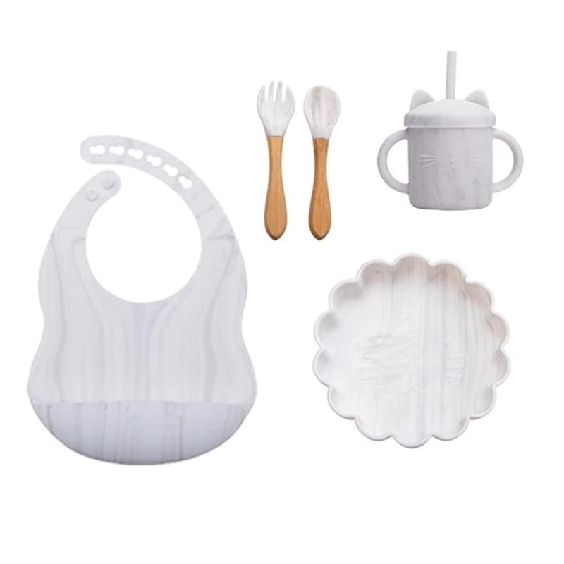 ベビー シリコンテーブルセット フォーク スプーン プレート カップ スタイ シリコン トレーニング 5点..