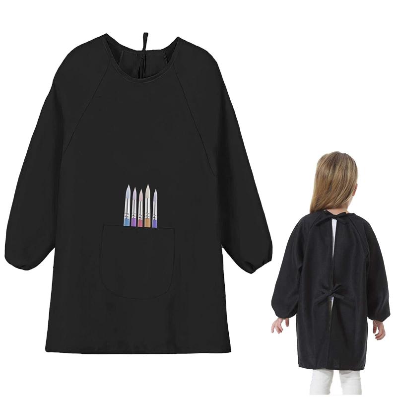 [DFsucces] キッズエプロン 長袖 エプロン 無地 汚れ防止 通気 男の子 女の子 給食 お絵かき 習字用 幼稚園 保育園 子供用エプロン ブラック