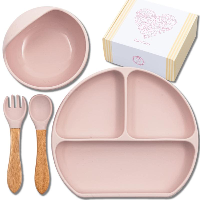 BabyGooⓇ ベビー食器セット ひっくり返らない 赤ちゃん 離乳食 吸盤 すくいやすい シリコン くっつく ..