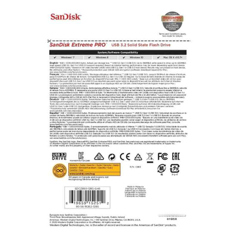 128GB SanDisk サンディスク USBメモリー ExtremePro USB3.1(Gen 1)対応 R:420MB/s W380MB/s スライド式 海外リテール SDCZ880-128G-G46