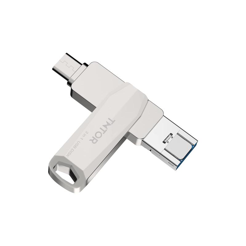 TNTOR usbメモリ 3in1スマホusb フラッシュドライブ IOS/Android/PC対応 フラッシュメモリー 高速データ伝送 容量不足解消 両面挿し スマホメモリー 防塵 耐衝撃 360度回転式 収納ケース付属