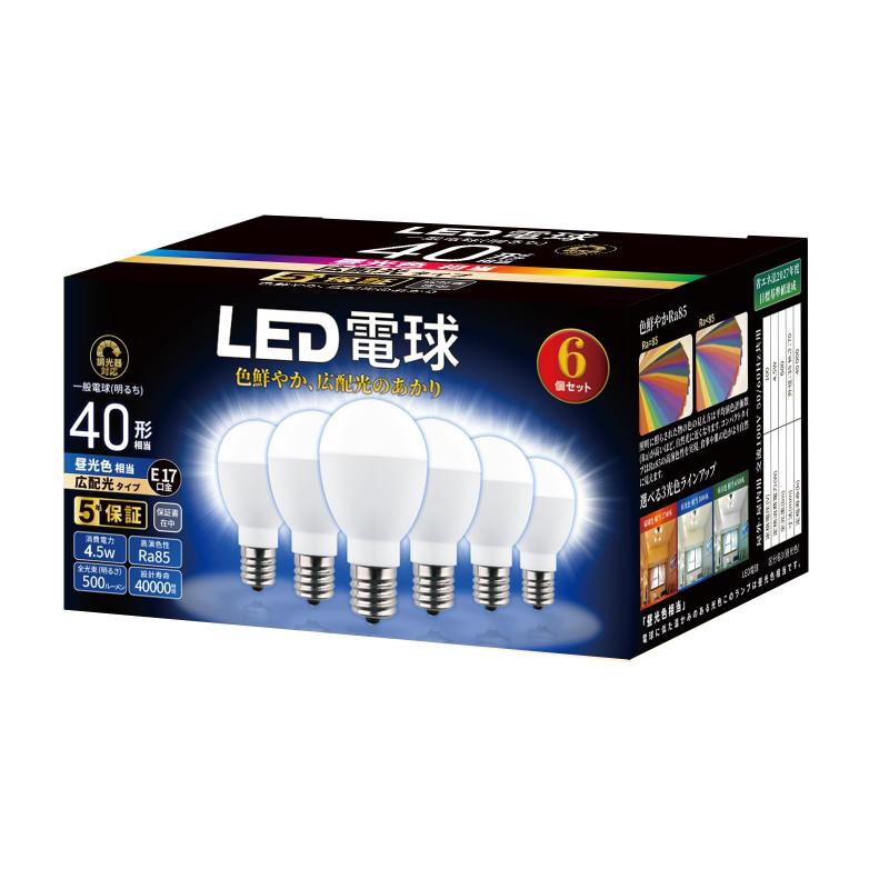 LED電球 E17 40形 調光明るさ 電球40W形相当(600lm)調光器対応調光器対応の広配光タイプ（光の広がり約180度）高い演色性 Ra85断熱材施工器具対応（器具の種類によっては、保護回路が働き電力をおさえるため、明るさが低下する場合があります。）密閉型器具対応（器具の種類によっては、保護回路が働き電力をおさえるため、明るさが低下する場合があります。）