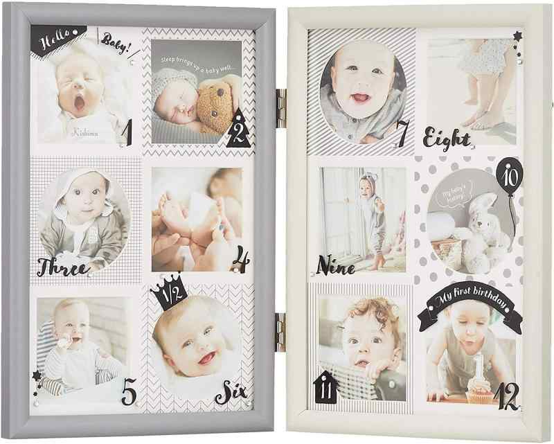 大人カワイイ北欧デザインの ベビー フォトフレーム 卓上 壁掛 モノトーン 本体サイズ38×1.5×高さ26.5cm スクエア12枚 切らずに飾れる1..