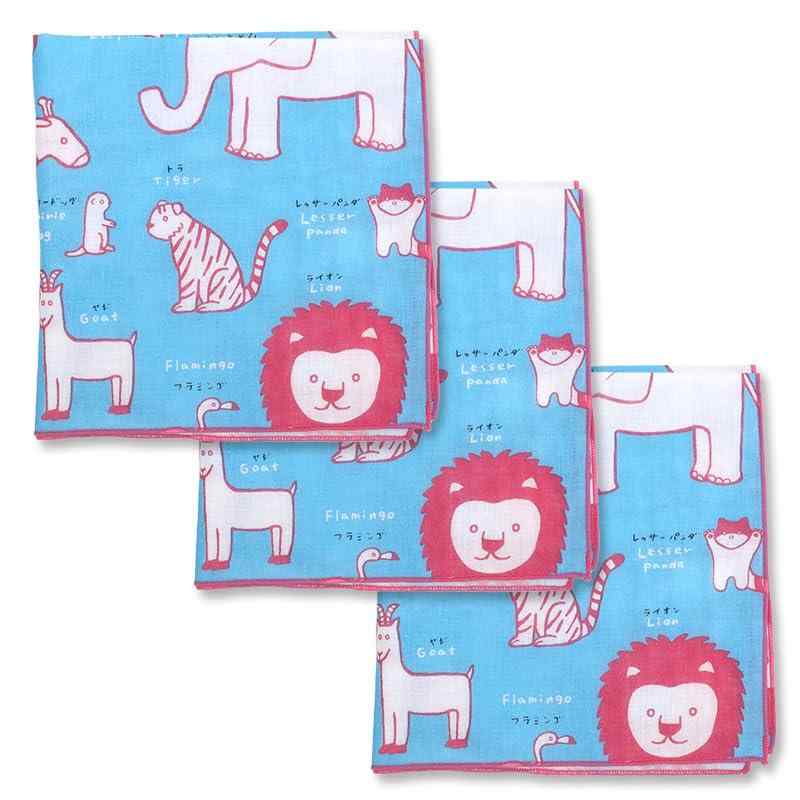 ガーゼハンカチ アニマル 水色 3枚セット 日本製 綿100% 35×35cm いろは まめおシリーズ