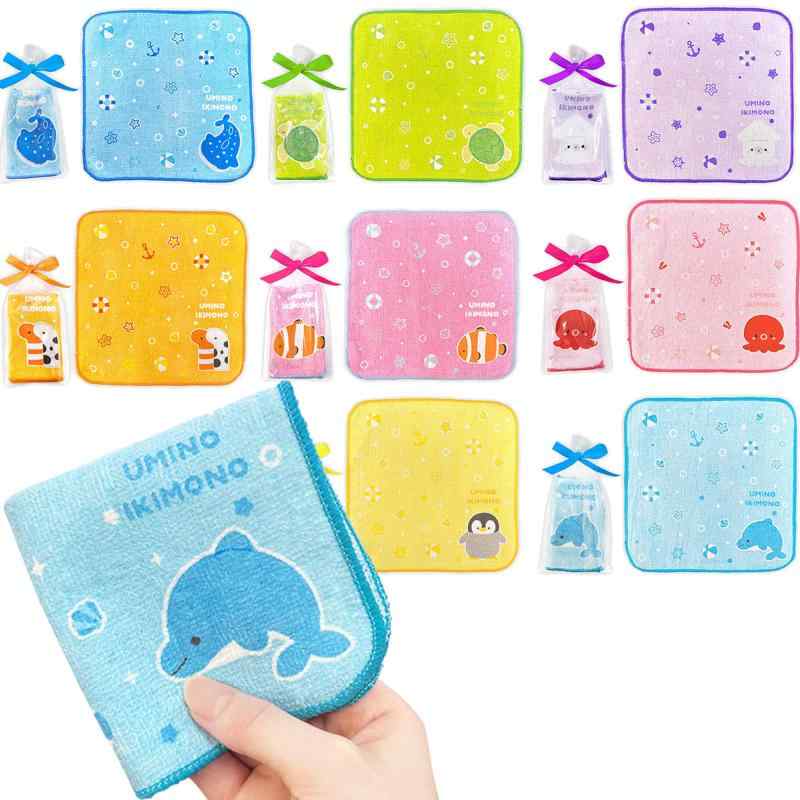タオル ハンカチサイズ 海の生き物 ミニタオル ラッピング仕様 全8種×各1個 全8個セット(ご家庭 誕生日会 お楽しみ会 子供会 向け 小容量) タオル 20cm角サイズ 綿 ワンポイントデザイ(3)