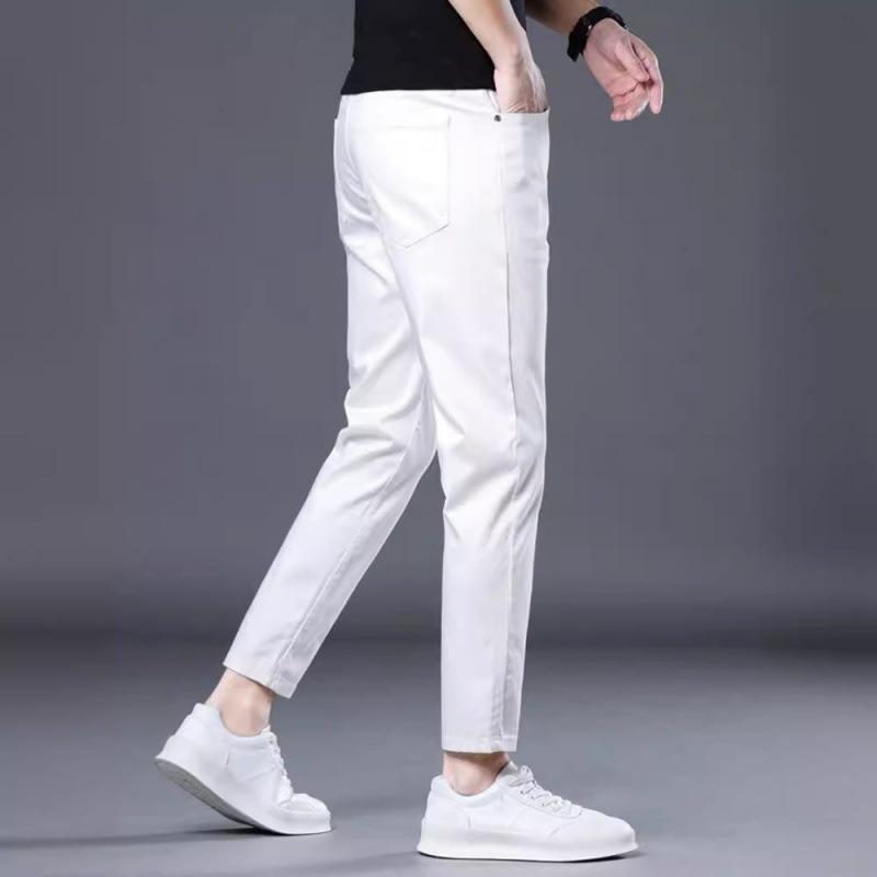 メンズ 牛仔パンツ 九分丈 スリムフィット 小脚 弾力 白色 薄手 夏用 綿素材 洗い...
