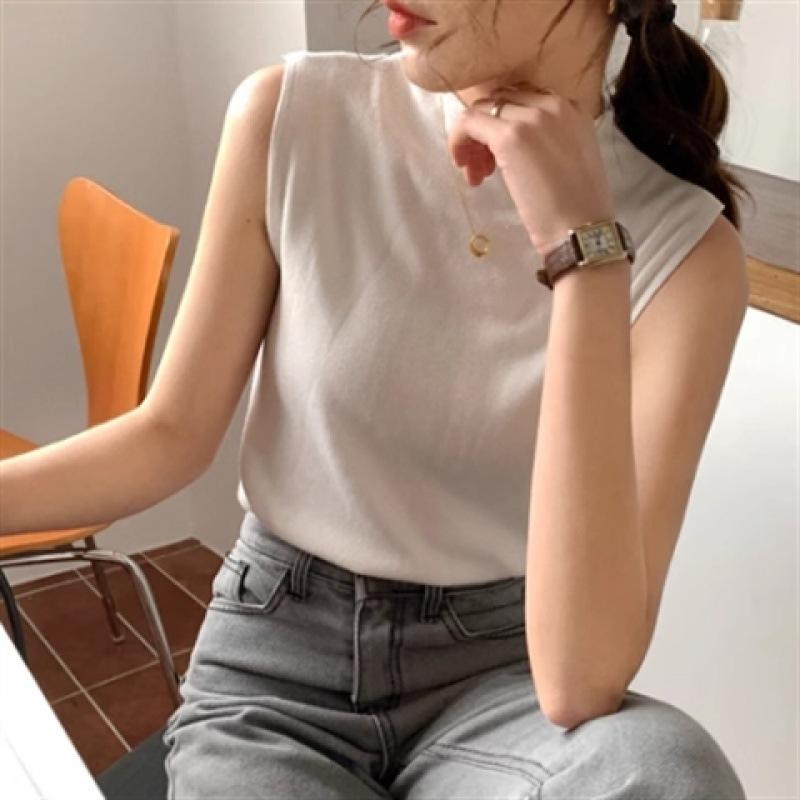 トップス ノースリーブ ハイネック ニット レディース 春夏用 接触冷感 薄手 ストレッチ素材 通気性 清涼感 伸縮性 黒 白 ベージュ 赤