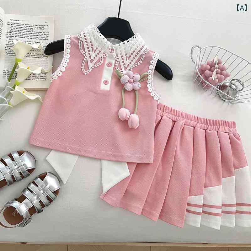 Girls' Floral Print Summer Set - Tulle Skirt, Sleeveless, Korean Style, Ages 3, 4, 5, 6, 7, 8, Sizes 100cm, 110cm, 120cm, 130cm, 140cm, 150cm, 80% Cotton