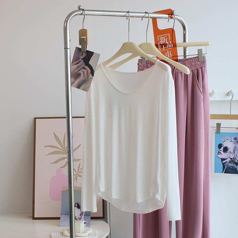 运动用内衣 - Tシャツ レディース 女性用 コットン 長袖 Uネック モダール 素材 ゆったり 薄手 防紫外線 インナー トップス 瑜伽 服 日韓 スタイル シンプル 秋季 白