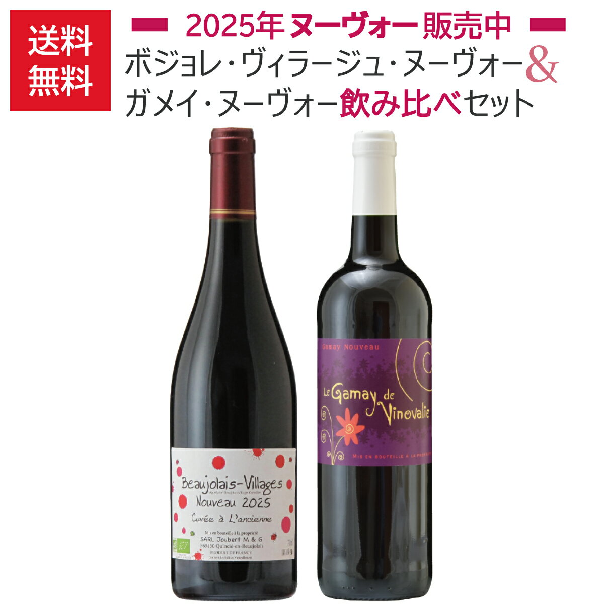 【11月20日解禁以降にお届け】ボジョレ・ヴィラージュ・ヌーヴォー＆ガメイ・ヌーヴォー飲み比べ2本セット／ヌーヴォー新酒／送料無料／フランス／赤ワイン／ミディアムボディ／辛口／750ml×2本／ボジョレー（ボージョレ）／オーガニックワイン入りのサムネイル