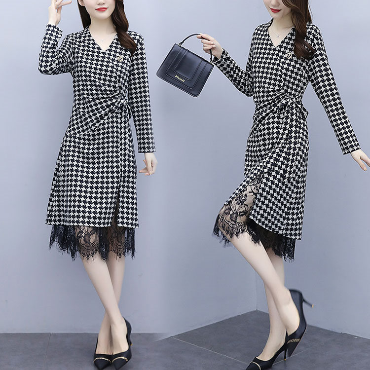 ワンピース 長袖 春秋 チェック きれいめ レディース フェミニン お洒落 女の子 優雅 大人切り替え 体型カバー 大人 着やせ 結婚式 お出かけ Aライン ミモレ丈 同窓会 格子 レース パーティー 大きいサイズ lianyiqun-1058 海外通販
