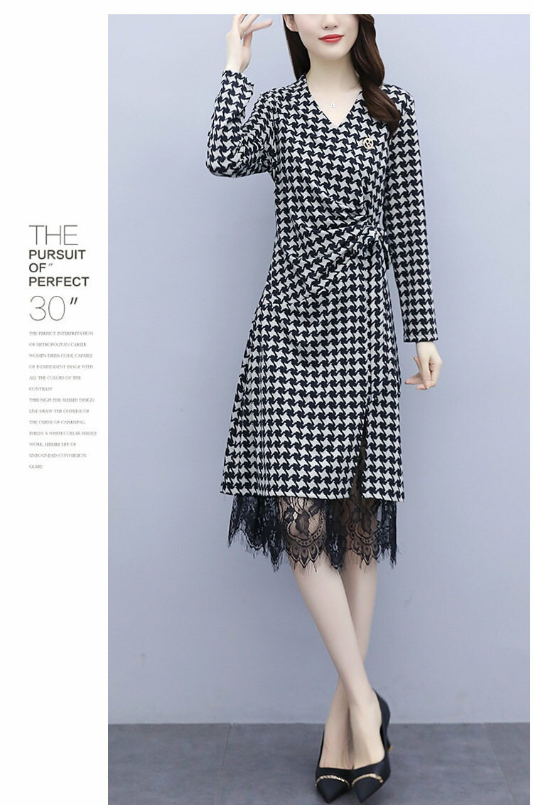 ワンピース 長袖 春秋 チェック きれいめ レディース フェミニン お洒落 女の子 優雅 大人切り替え 体型カバー 大人 着やせ 結婚式 お出かけ Aライン ミモレ丈 同窓会 格子 レース パーティー 大きいサイズ lianyiqun-1058 海外通販