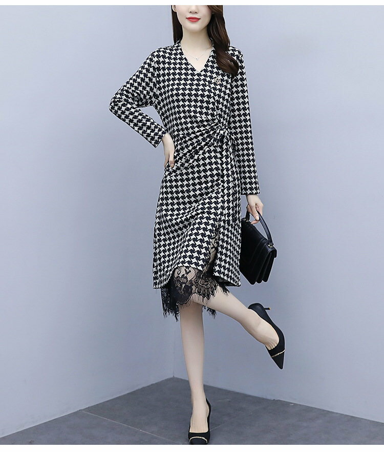 ワンピース 長袖 春秋 チェック きれいめ レディース フェミニン お洒落 女の子 優雅 大人切り替え 体型カバー 大人 着やせ 結婚式 お出かけ Aライン ミモレ丈 同窓会 格子 レース パーティー 大きいサイズ lianyiqun-1058 海外通販