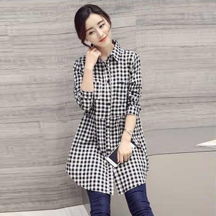無地＆チェック柄揃い〜ロングシャツ チュニック ブラウス ゆったり 可愛い 白 ホワイト 春 夏 秋 チュニックシャツ レディース 白シャツ ロング丈 Aライン シャツ チェック柄 ギンガムチェック 送料無料 chenshan-385-gg 海外通販