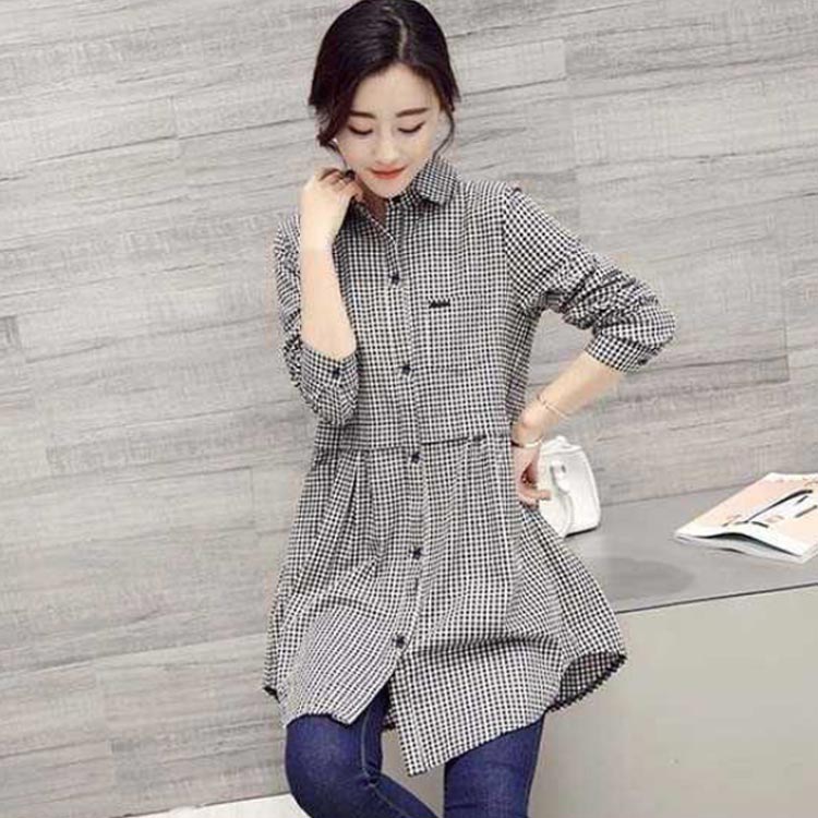 無地＆チェック柄揃い〜ロングシャツ チュニック ブラウス ゆったり 可愛い 白 ホワイト 春 夏 秋 チュニックシャツ レディース 白シャツ ロング丈 Aライン シャツ チェック柄 ギンガムチェック 送料無料 chenshan-385-gg 海外通販