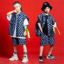二点セット デニム ベスト ハーフパンツ 男の子 女の子 チェック キッズダンス衣装 ヒップホップ ダンス 韓国風 普段着 ダンスウェア ジュニア 応援団 ジャズ かっこいい ゆったり ジーパン 日常用 110~180cm WUDAO-154 海外通販