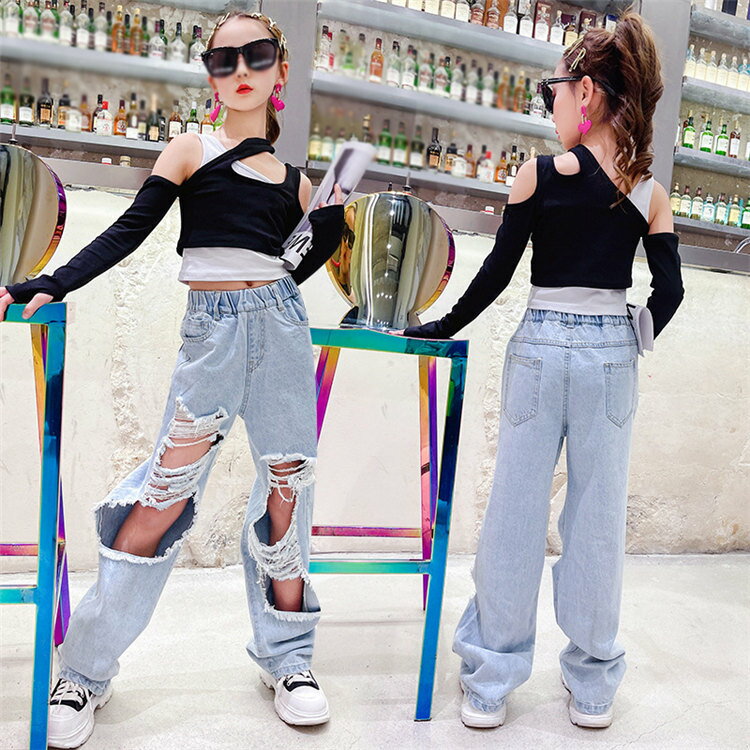 二点セット キッズ ヒップホップ キッズ ダンス 衣装 子供服 ジャズ ステージ衣装 応援団 ジャズダンス 女の子 ダンス 練習着 団体服 演出服 舞台服 かっこいい デニムパンツ ジーパン 120~170cm WUDAO-098 海外通販