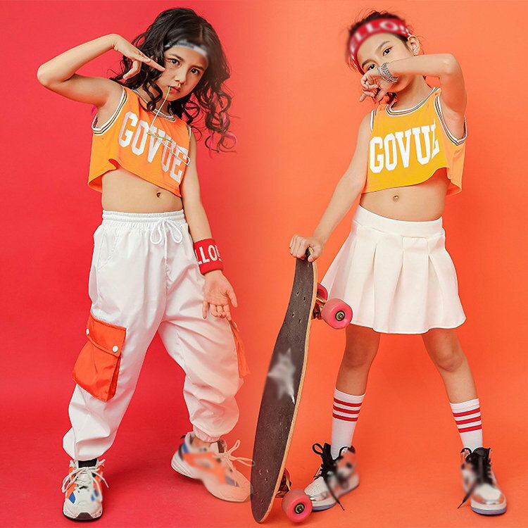オレンジシャツ 子供 ダンス 衣装 ヒップホップ ノースリーブ ホワイト スカート 長ズボン 女の子 男の子 キッズ シンプル ステージ衣装 カジュアル 普段着 ジャズ ファション ゆったり 応援団 110~170cm WUDAO-075 海外通販