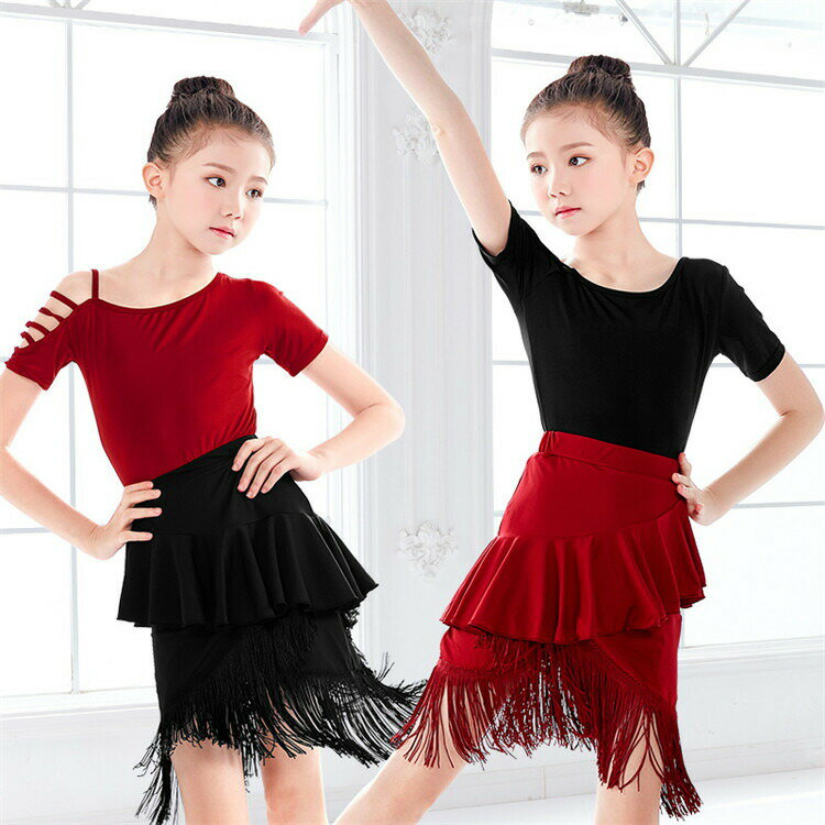 ラテンダンス 二点セット レオタード＋スカート 社交ダンス キッズ ラテン 女の子 ブラック ワインレッド タッセル 半袖 発表会 舞台 競技 練習 演出 高級感 オシャレ 110~170cm wudao-519 海外通販