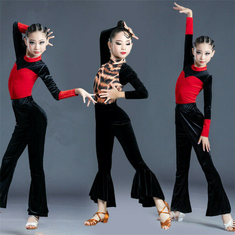ダンスウェア ラテンダンス latin 二点セット キッズ 長袖+ズボン 秋冬 ラテン 演出 女の子 高級感 ステージ 発表会 舞台 競技 練習用 試合 110~180cm wudao-611 海外通販