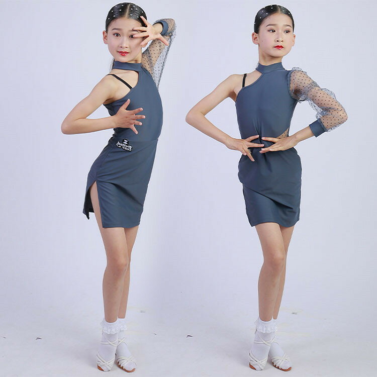 ラテンダンス latin ワンピース 個性的 キッズ ラテン 演出 高級感 おしゃれ 女の子 ダンスウェア 発表会 舞台 競技 練習 ステージ グレー 肩出し 120~170cm wudao-584 海外通販