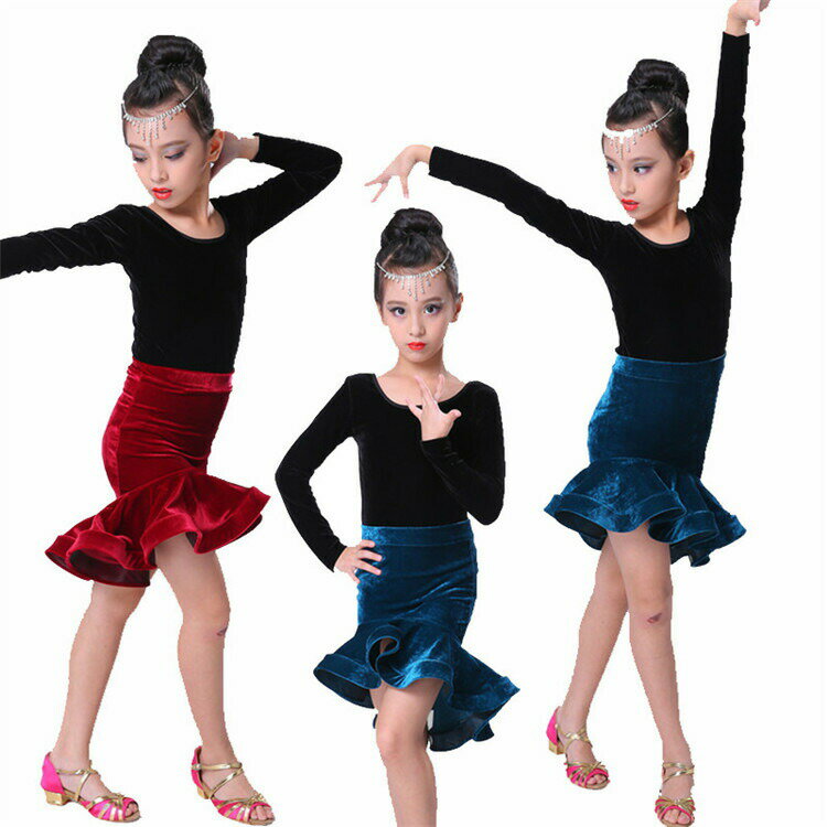 ラテンダンス latin レオタード+スカート キッズ 長袖 ラテン 演出 高級感 ステージ おしゃれ 女の子 ダンスウェア 二点セット 発表会 舞台 競技 練習用 wudao-582 海外通販