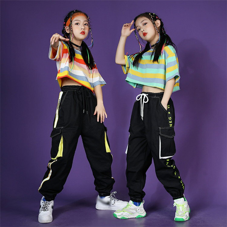 シャツ パンツ キッズダンス 衣装 長ズボン ヒップホップ ダンス ダンス衣装 女の子 ヒップホップ 韓国風 ダンスウェア ジュニア 応援団 虹色 ブラックパン...