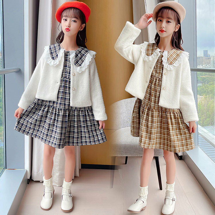 二点セット コート+ワンピース 長袖 おしゃれ 子供用 女の子秋冬 おしゃれ お出かけ 通園 可愛い 女児 キッズ 通学 卒業式 小学生 110-160 チェッ...