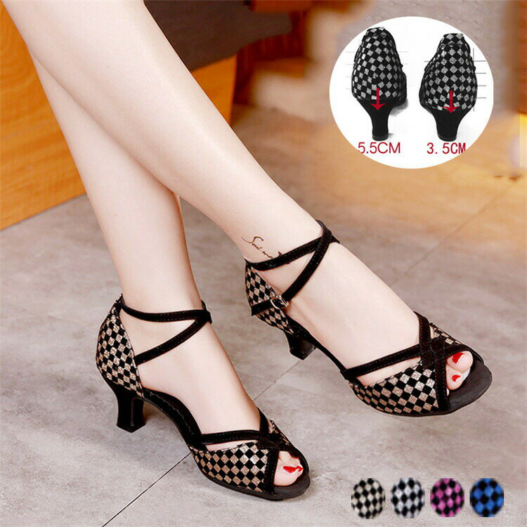 ラテンシューズ タンゴ モダン ジャズ ラテン ダンスシューズ チェック 社交ダンス レディース 女性 フェミニン 3.5/5.5cmヒール wudao-386 海外通販